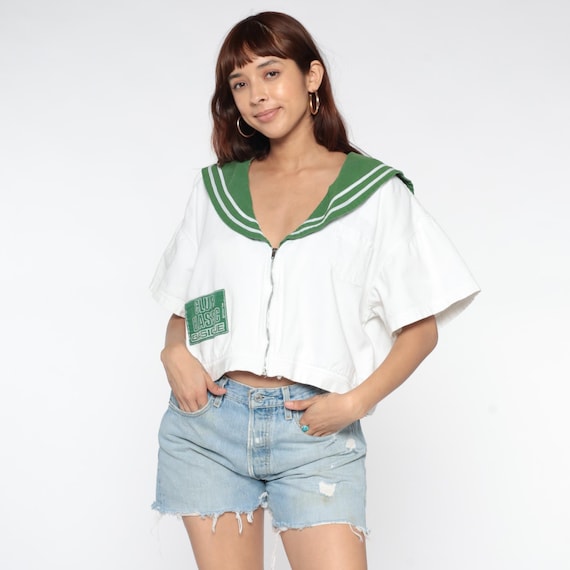 Green Sailor Top 80s White Cotton Zip Up Jacket Collar White Trim Cropped Casual Vintage Preppy Nautical Style Patch Detail Medium M 8