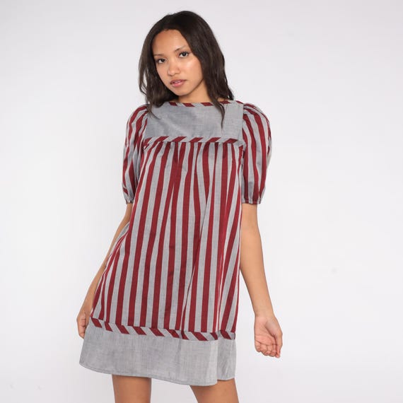 80s Striped Hawaiian Dress Mako Hawaii Puff Sleeve Red Gray Mini Babydoll Dress Square Neck Panel Mod Shift Cotton Blend Fabric Small S