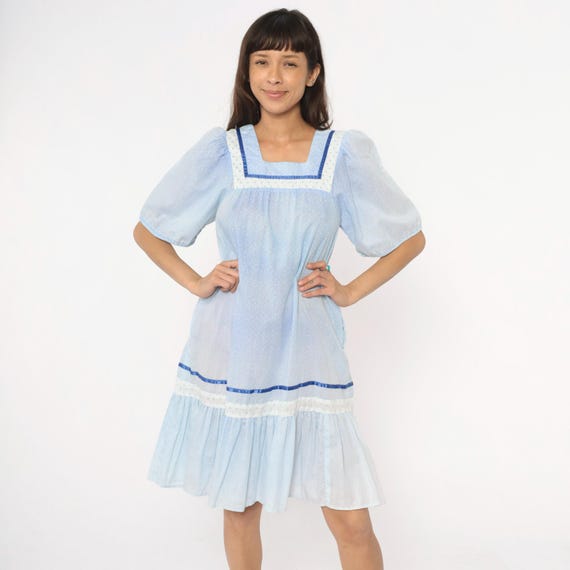 80s Blue Prairie Dress Cottagecore Puff Sleeve Square Neck White Eyelet Trim Drop Waist Cotton Summer Fairycore Extra Small Small XS S