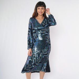 Vintage 80s Blue Sequin Dress Iridescent Silk Beaded Abstract Pattern Long Sleeve Party Gown V Neck 1980s Evening Midi Side Slit Small S