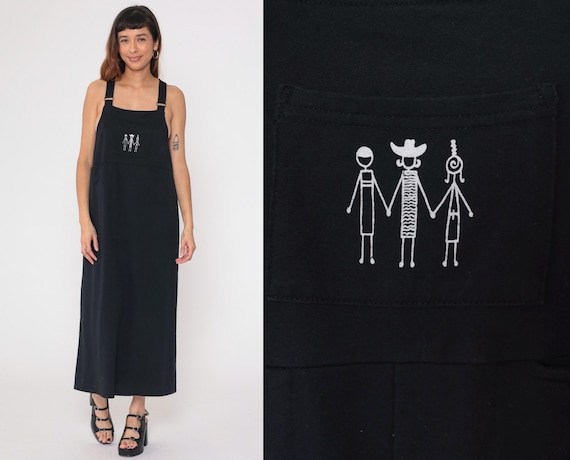 90s Black Jumper Dress Stick Figure People Graphic Racerback Square Neckline Sleeveless Weird Girl Aesthetic Vintage Medium Large M L
