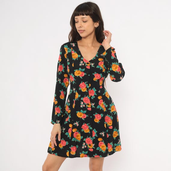 90s Floral Dress Black Rose Print V Neck Long Sleeve A Line Tie Back Waist Orange Red Teal Flower Pattern Grunge Alt Gothic Vintage Small S
