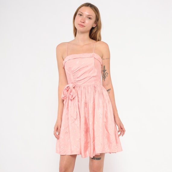 60s Pink Party Dress Ruched Bodice Bow Waist Mini Gathered Skirt Babydoll Blush Rose Party Frock Coquette Feminine Vintage Extra Small XS