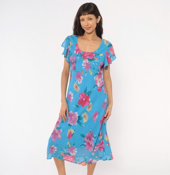 90s Floral Midi Dress Sky Blue Pink Flutter Sleeve Chiffon Summer Spring Garden Party Flower Feminine Cottagecore Vintage Extra Large XL