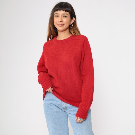Vintage Red Wool Sweater 80s Crewneck Pullover Grunge Slouchy Plain Knit 1980s Basic Normcore Jumper Medium M
