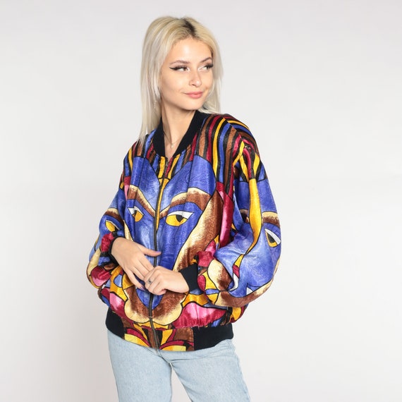 Psychedelic Jacket 90s Zip Up Bomber Novelty Face Print Windbreaker Retro Hippie Streetwear Artsy Statement Vintage 1990s Medium Large