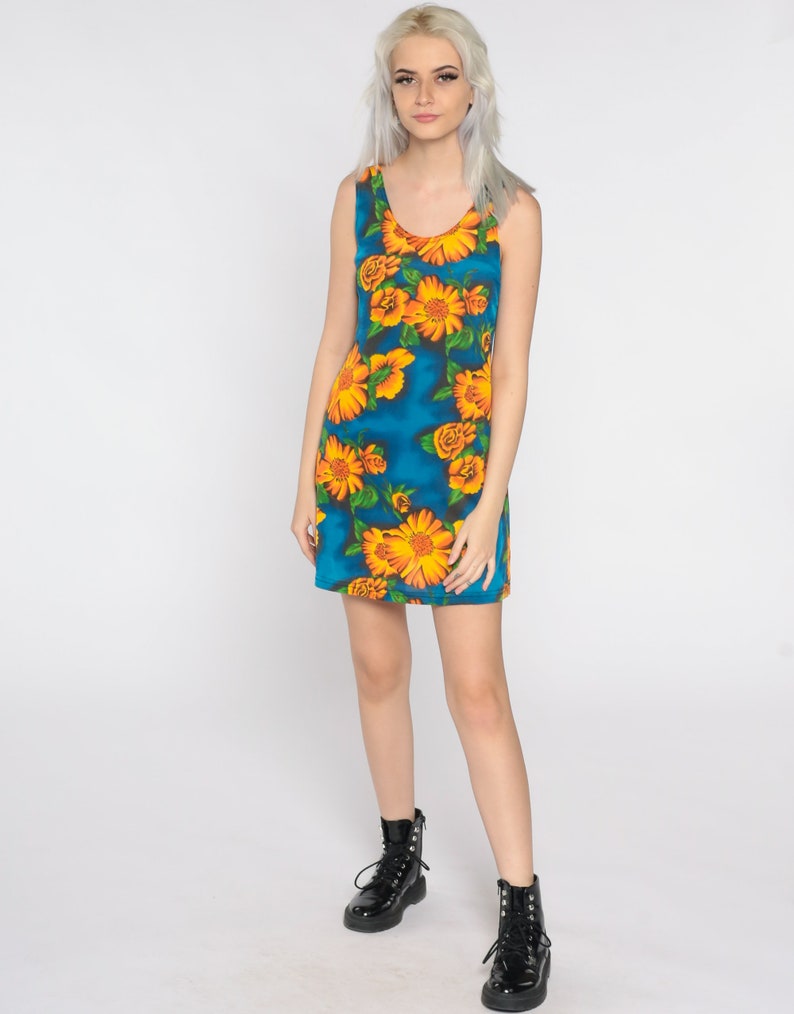 Floral Bodycon Dress Grunge Mini 90s Sheath Sundress Blue Yellow Summer Tight 1990s Body Con Sleeveless MiniDress Small Medium image 2