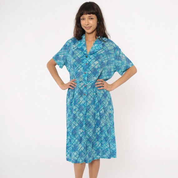 60s Blue Crosshatch Button Front Shirtdress Short Sleeve Cotton Turquoise Plaid Geometric Print Mod Vintage Summer Preppy Casual Day Large L