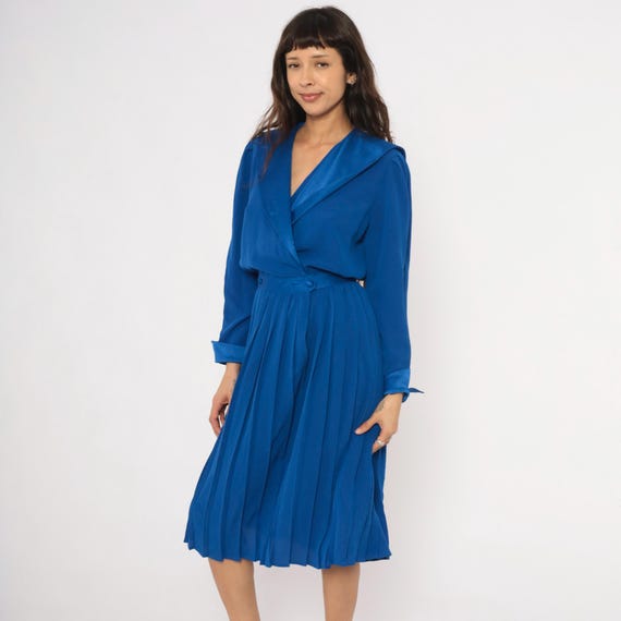 Cobalt Wrap Dress 90s Pleated Skirt Royal Blue Puff Sleeve V Neck Double Breasted Waist Button Front Knee Length Professional Vintage Medium