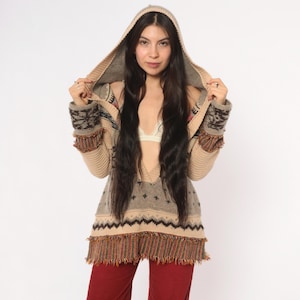 Fringed Patchwork Hoodie Free People Fair Isle Knit Pullover Sweater Deep V Neck Striped Grey Tan Cream Pattern Cottagecore Fringe Medium M