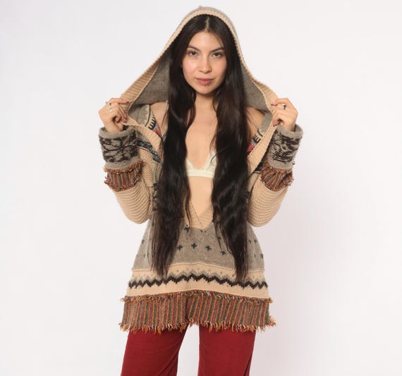 Fringed Patchwork Hoodie Free People Fair Isle Knit Pullover Sweater Deep V Neck Striped Grey Tan Cream Pattern Cottagecore Fringe Medium M