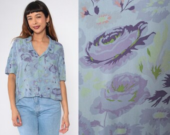 90s Floral Blouse Blue Wildflower Cropped Shirt Purple High Low Hem Short Sleeve Shirt Button Up Top Flower Print Vintage Oversized Small