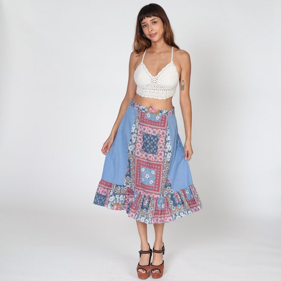 Patchwork Floral Skirt 70s Prairie Skirt Blue Tiered Ruffled Midi Skirt High Waisted Flower Print Boho Hippie Seventies Vintage 1970s Medium