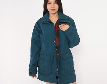 80s Woolrich Barn Jacket Navy Blue Snap Field Coat Plaid Flannel Lined Collar Long Sleeve Outdoor Hiking Camping Unisex Vintage Medium M