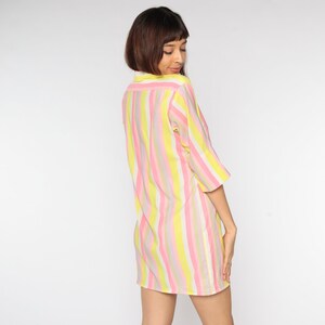 60s Shirt Dress Striped Day Dress Pink Shift Mini Dress Button Up Pastel Yellow Vintage Short Sleeve Shirtdress Button Up 1960s Medium image 5