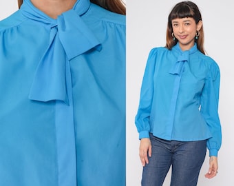 Blue Ascot Shirt 80s Bow Neck Ascot Top Secretary Blouse Long Sleeve Top Button Up Vintage 1980s Long Puff Sleeve Shirt Medium Petite