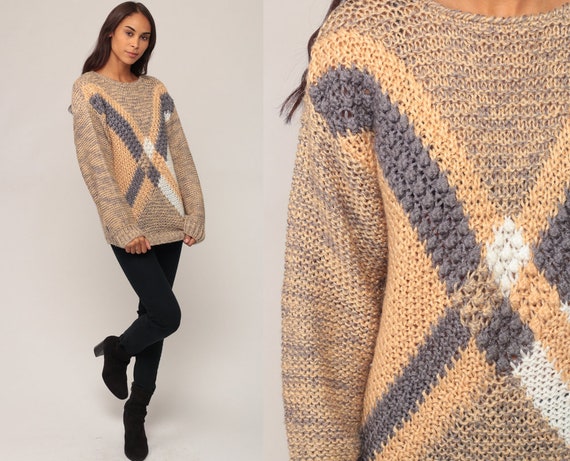 90s Sweater Striped X Pullover Sweater Open Weave Geometric Grunge Oversize Slouchy Knit Grey Tan Retro Vintage Hipster Medium