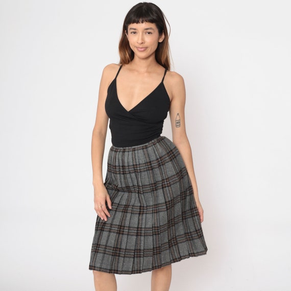 Plaid Midi Skirt 80s Grey Wool Blend Tartan Skirt Pleated Retro Preppy Secretary Skirt Checkered High Waisted Vintage 1980s Extra Small xs