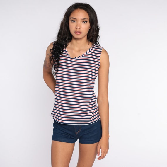 70s Tank Top Red White Blue Striped Shirt Tee Mod Shirt Retro Top Sleeveless Bohemian 1970s Vintage Medium