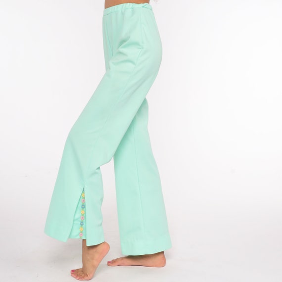 Pastel BELL BOTTOM Pants 70s Mint Green Floral High Waisted Trousers Boho Flared 1970s High Waist Hippie Vintage Bohemian Small xs s