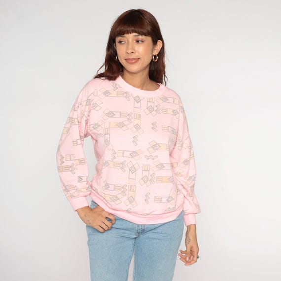 Pink Geometric Sweatshirt 1990s Vintage Crew Neck Long Sleeve 90s Fashion Abstract Pattern Pullover Memphis Design Grandmacore Small S