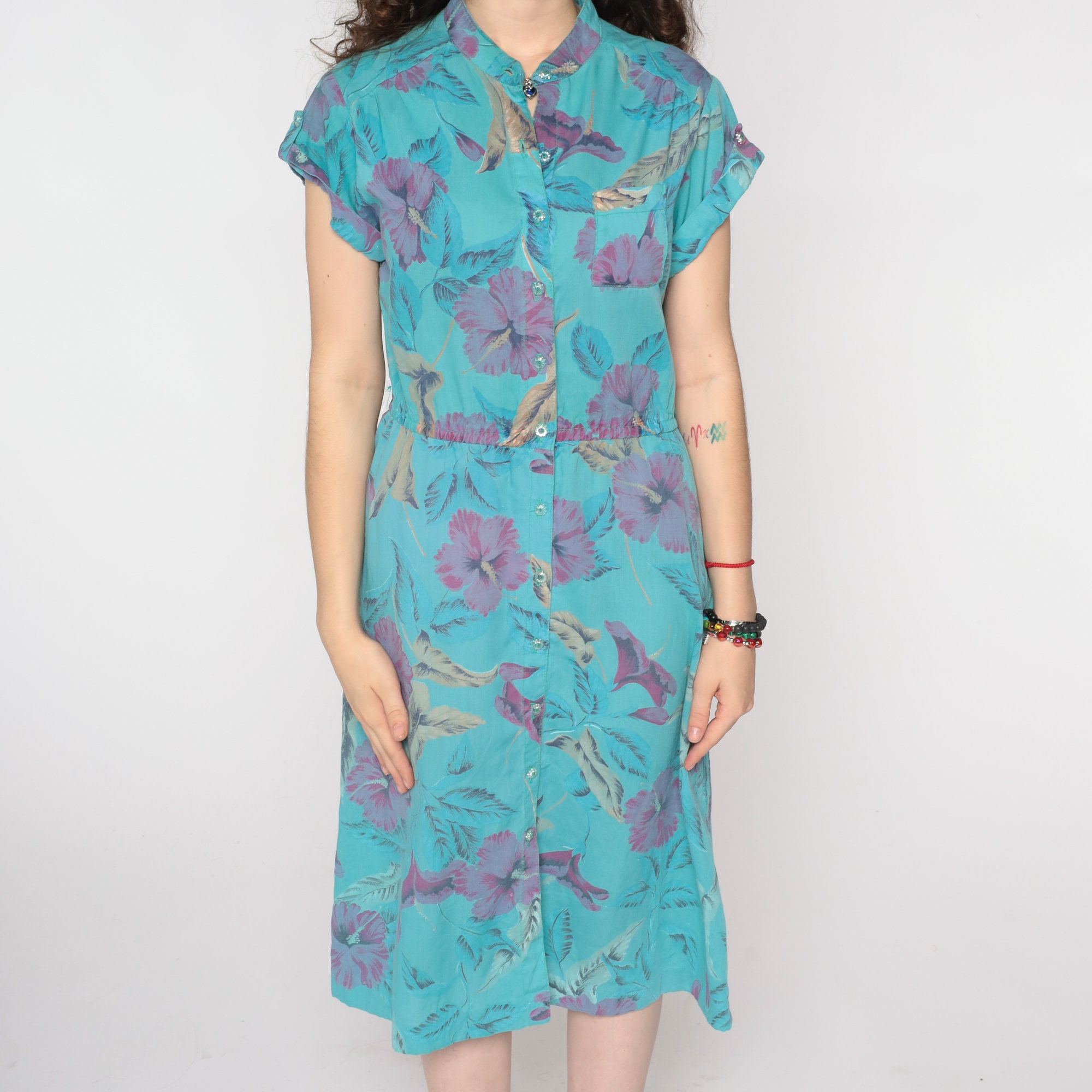 80s Floral Dress Blue Shirtdress Midi Dress Bohemian Flower Print