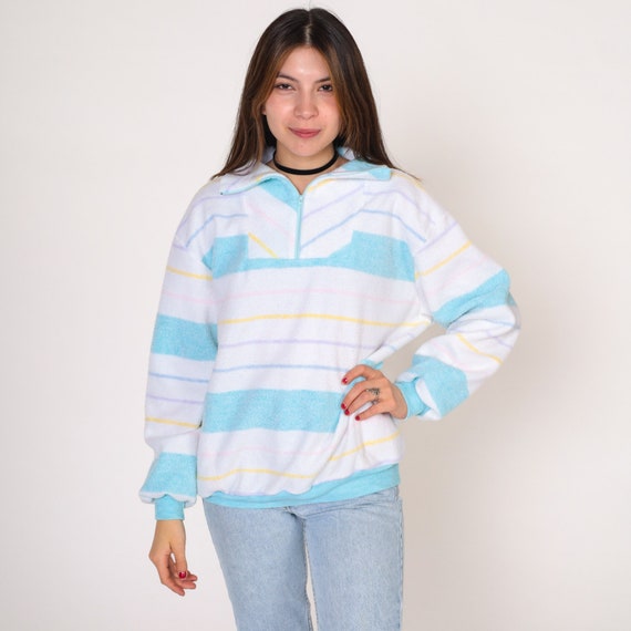 Striped Fleece Sweatshirt 90s Quarter Zip Pullover Sweater Retro Warm Fuzzy Jacket White Blue Pastel Pink Yellow Purple Vintage 1990s Small
