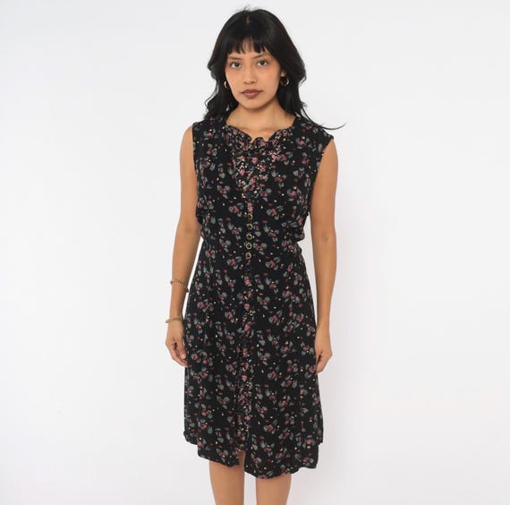 90s Black Floral Dress Ditsy Print Sleeveless Button Front Ruffle Neck Below Knee Gathered Waist A Line Grunge Vintage Womens Large L