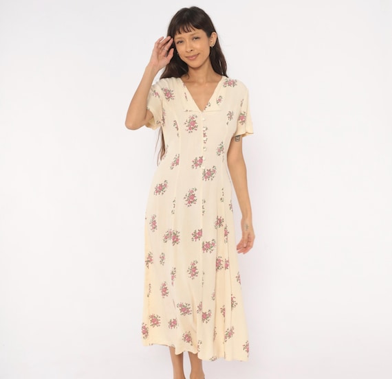 90s Rose Midi Dress Cream Floral Button Front V Neck Lace Up Back Short Sleeve Pink Prairie Cottagecore Summer Soft Grunge Vintage Medium M