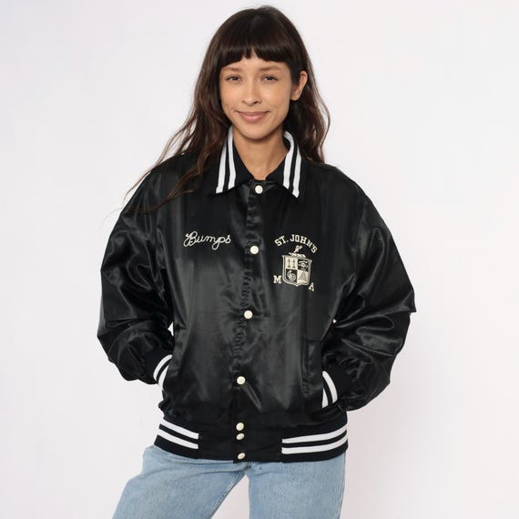 80s Varsity Jacket Black Satin Bomber Drill Team Embroidered Silver Rifles Striped Trim Collegiate Preppy Letterman Athletic School Medium M