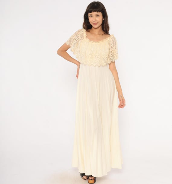 70s Lace Capelet Dress Cream Pleated Gown Off White Ivory Skirt Wedding Prairie Cottagecore Feminine Bohemian Hippie Vintage Small S