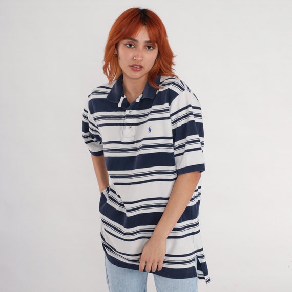 Polo Golf Shirt 90s Ralph Lauren White Navy Blue Striped Shirt 90s Quarter Button up Tshirt Short Sleeve Vintage Retro Men s Large L Etsy