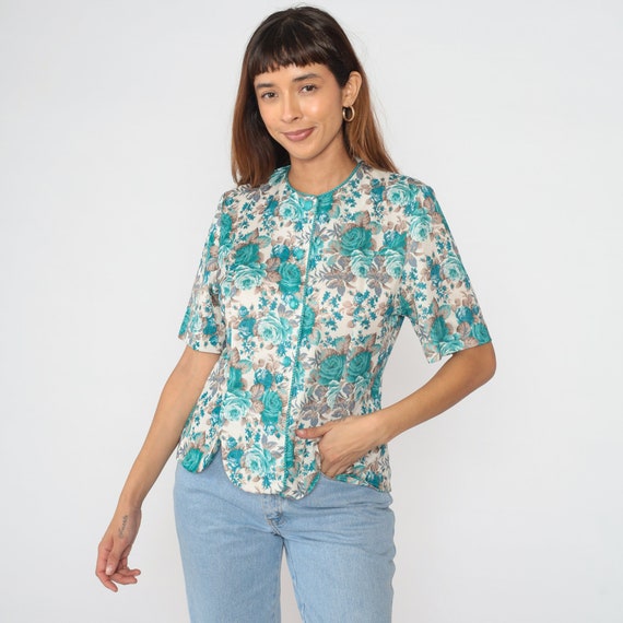 80s Floral Blouse Button up Shirt White Blue Rose Flower Print Top Short Sleeve Boho Hippie Bohemian Retro Shabby Chic Vintage 1980s Medium