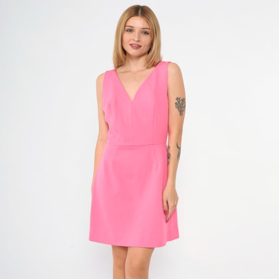 60s Pink Mod Mini Dress Vintage Deep V Neck Space Age 1960s High Waist Sixties Twiggy Dress Sleeveless MiniDress Fit and Flare Small 4