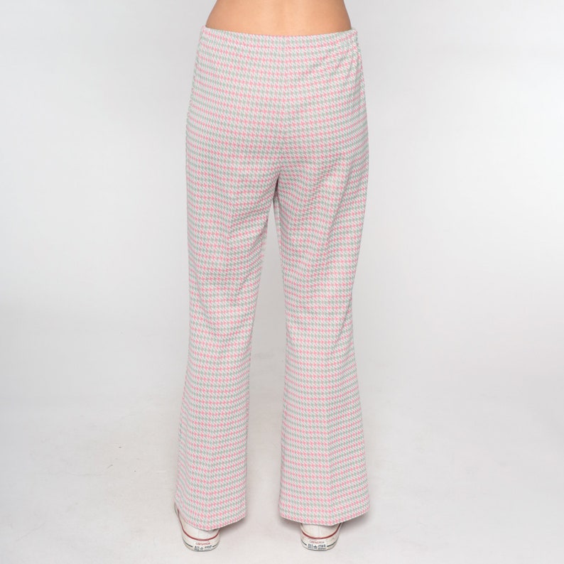 70s Houndstooth Pants Flared Trousers High Waisted Bell Bottoms Pastel Pink Green Checkered Seventies Flares Vintage 1970s Small Medium image 8