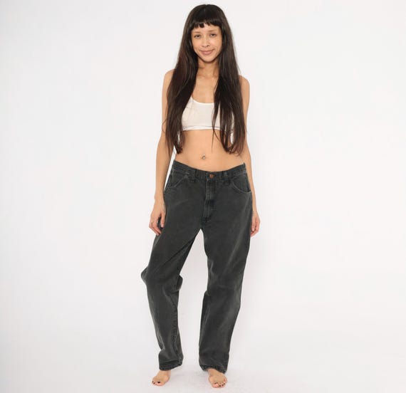 Faded Black Rustler Jeans 90s Straight Leg Denim Charcoal Cotton Pants Dark Wash Workwear Trousers High Rise Grunge Vintage Slacks 36 x 32