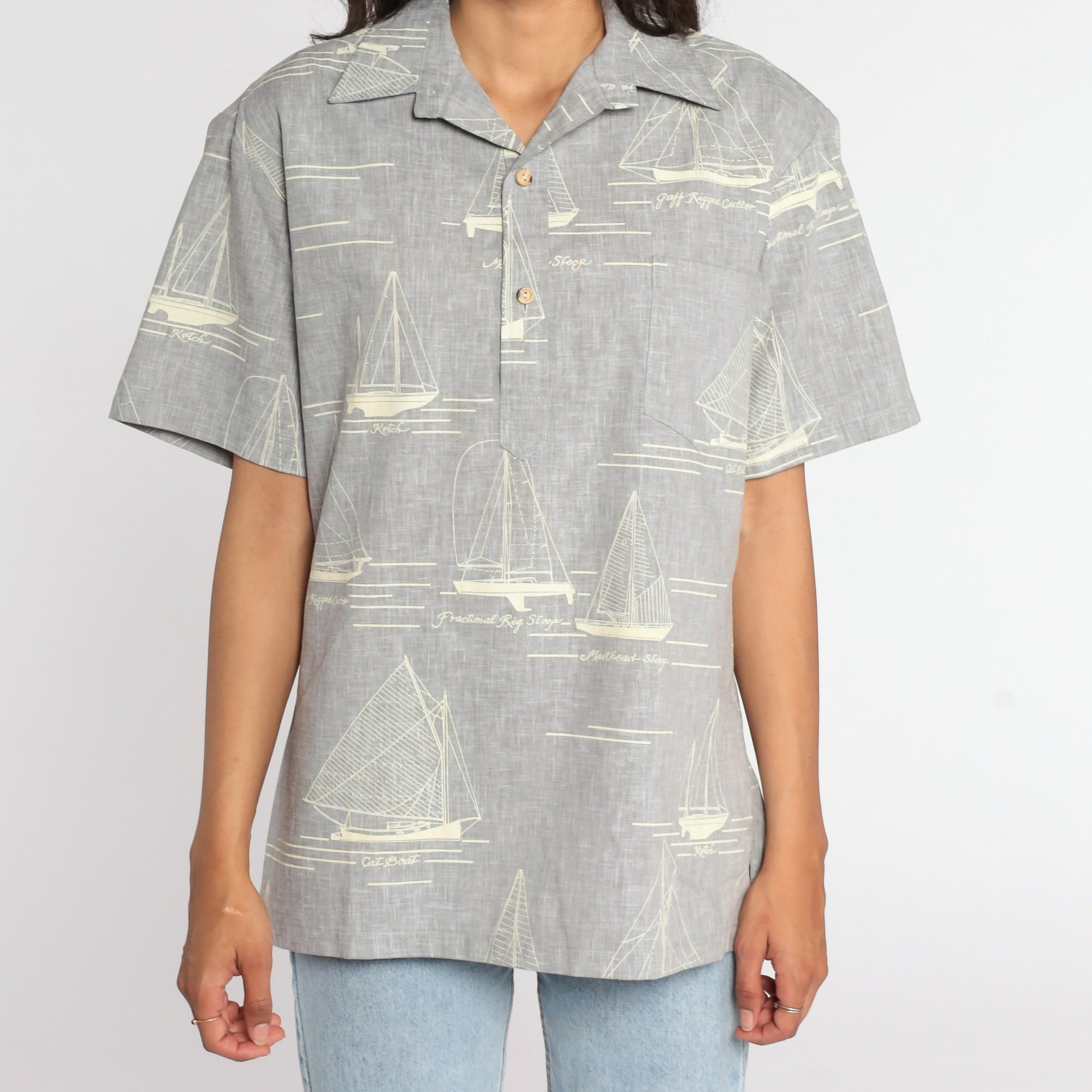 Sailboat Shirt 80s Boat Shirt Grey Nautical Sailor Button Up Shirt ...