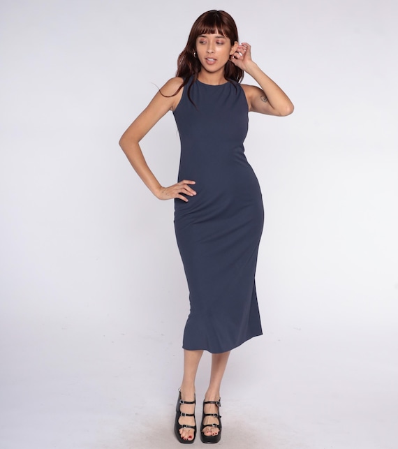 Grunge Summer Dress 90s Navy Blue Gray Sleeveless Sheath Column Work Office Professional Dark Academia Vintage Fitted Business Small S