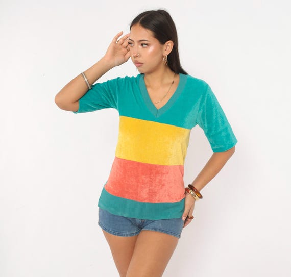 80s Terry Cloth Color Block Velour Top Teal Yellow Coral V Neck Short Sleeve Blouse Striped Pullover Shirt Summer Vintage Womens Medium M