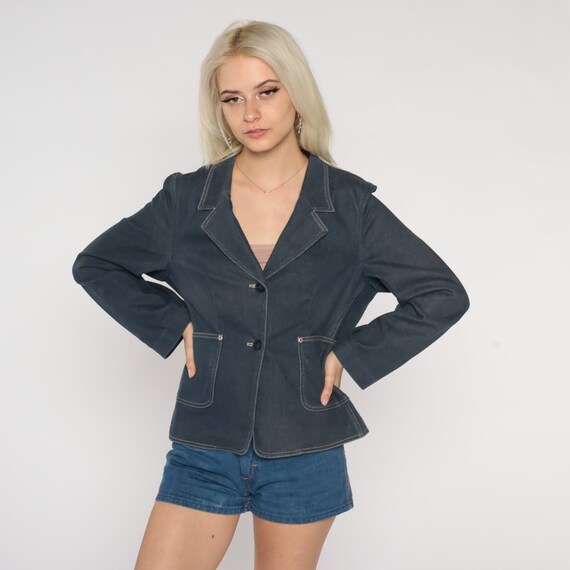 90s Blazer Jacket Blue Faux Stretch Denim Button Up Jacket Boho Retro Preppy Jacket Spandex Coat Collared Hipster Plain Vintage 1990s Large