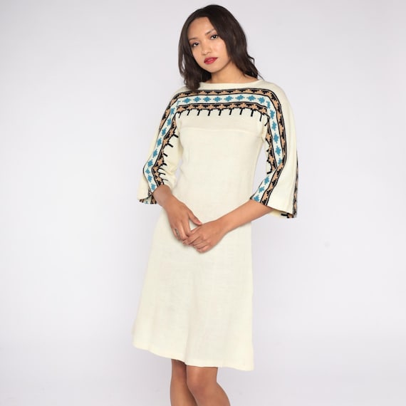 Knit Sweater Dress 70s Cream Beige Geometric Pattern Yoke Acrylic Pullover Dress Textured Soft Knit Midi Mod Style Bohemian Hippie Small S
