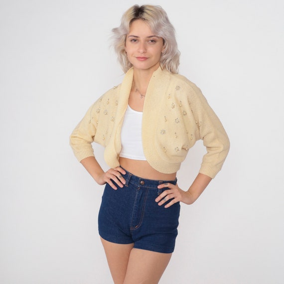 Beaded Bolero Sweater 60s Cream Open Front Cardigan Wool Cropped Sweater Rhinestone Pearl Beads Evening Cocktail Vintage 1960s Doncaster XS