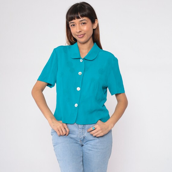 Bright Blue Blouse 90s Button up Shirt Woven Mandala Print Short Sleeve Collared Top Peter Pan Collar Boho Vintage 1990s Petite Large 14