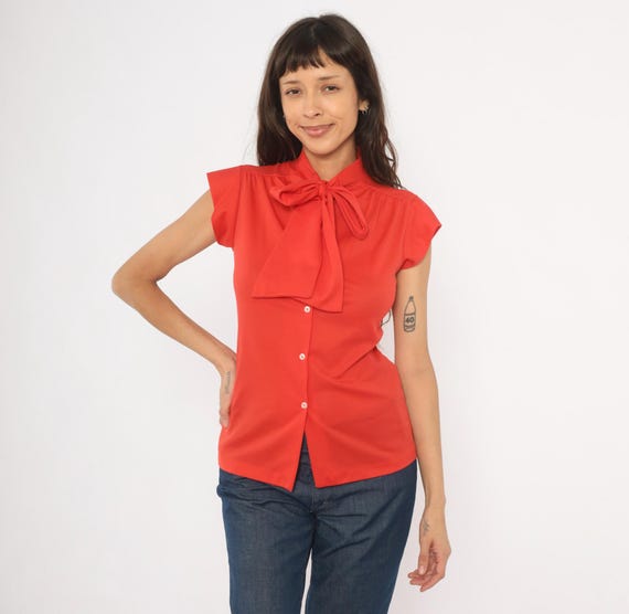 70s Bow Neck Blouse Red Cap Sleeve Top Pussy Bow Tie Collar Shirt Scarlet Cherry Feminine Coquette Tomato Girl Summer Bright Vintage Small S