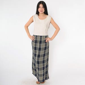 Vintage Checkered Grunge Dress 90s Maxi Dress Navy Blue Beige Scoop Neck Plaid Dress Drop Waist 1990s Sleeveless Medium Large