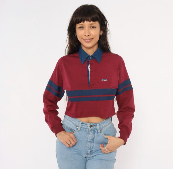 80s Cropped Rugby Shirt Burgundy Navy Stripe Polo Long Sleeve Cotton Collegiate Preppy Sporty Varsity Crop Top Vintage Small Medium S M