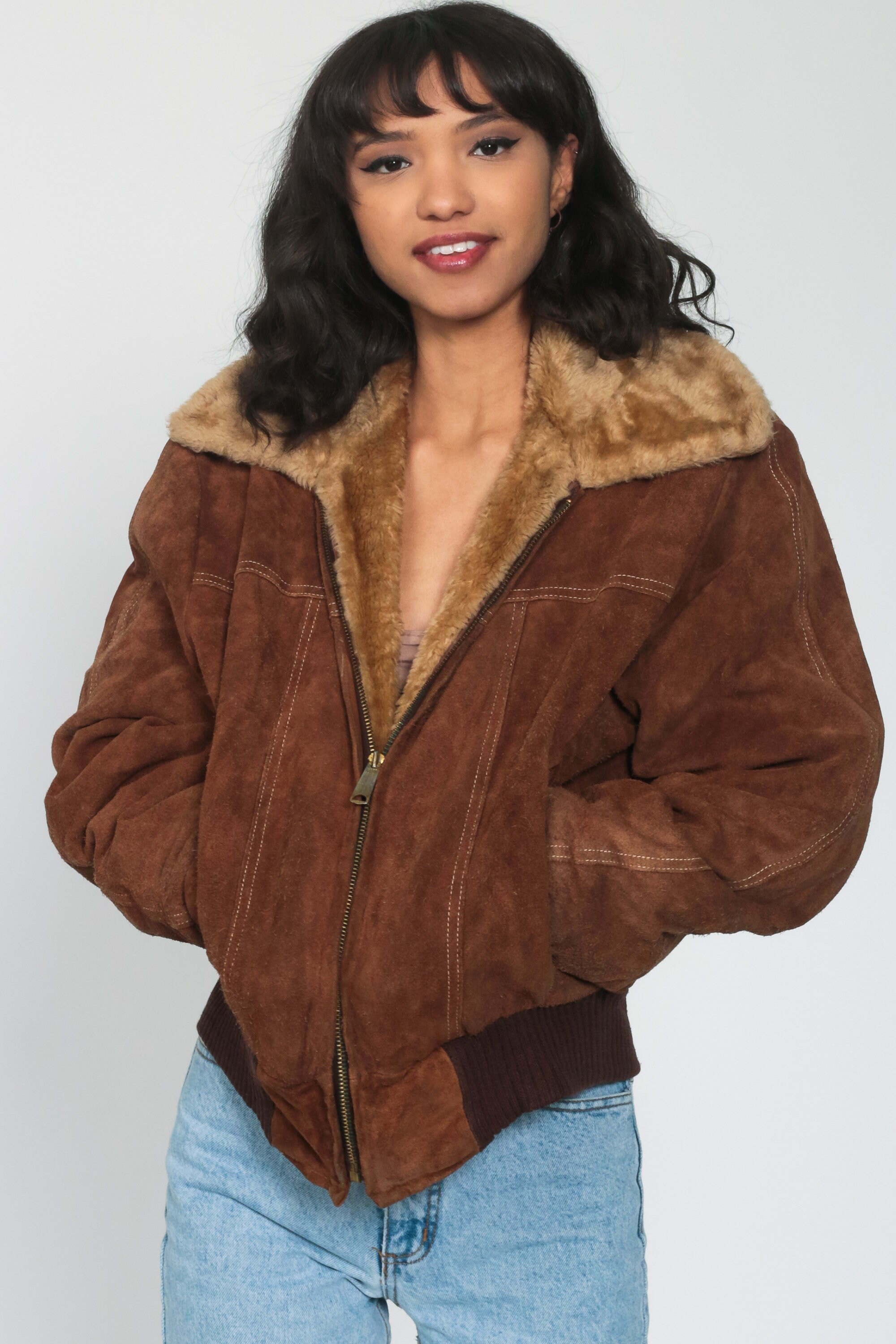 Brown Suede Jacket 70s Leather Flight BOMBER Boho Faux Fur Lining Coat Shearling Hippie Moto 