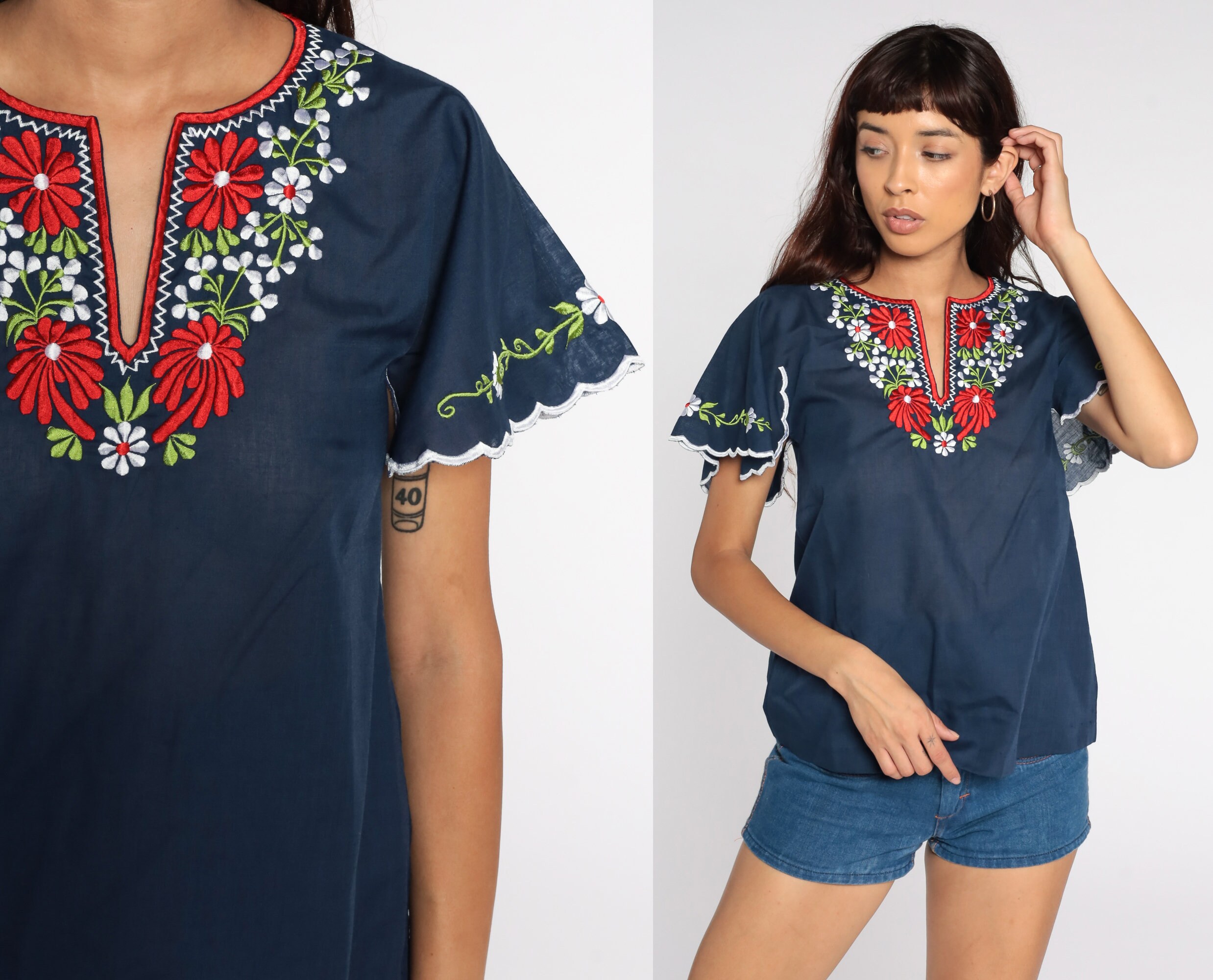 Floral Embroidered Blouse Blue Mexican 