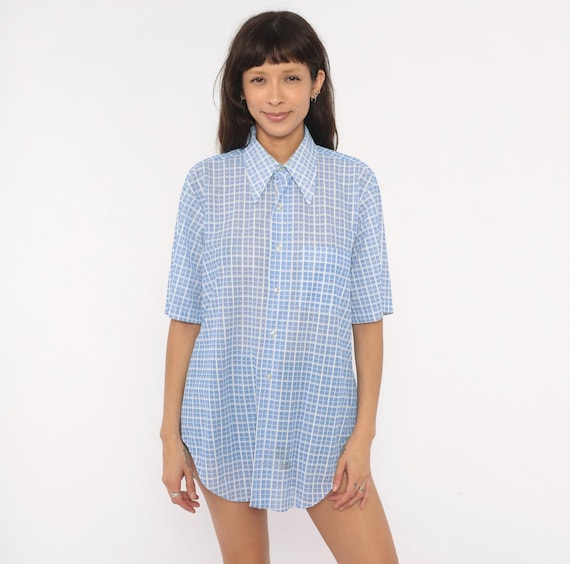 70s Grid Check Shirt Blue White Short Sleeve Pointed Collar Chest Pocket Boxy Fit Windowpane Summer Unisex Vintage Top Blouse Extra Large XL