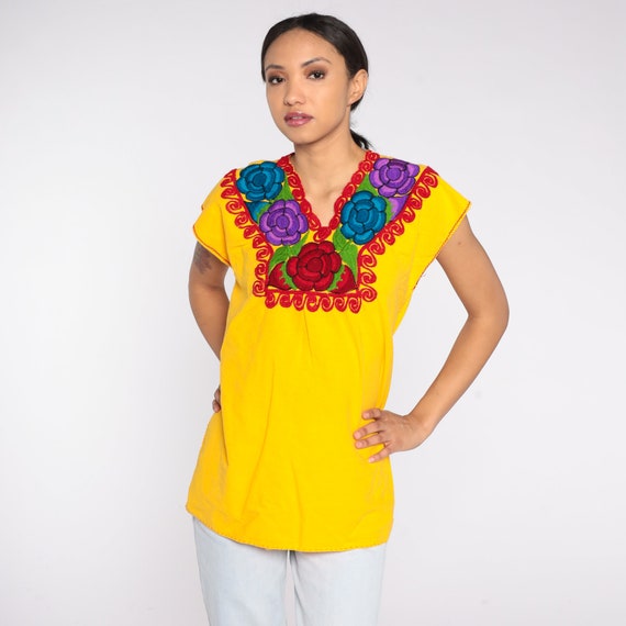 Yellow Floral Blouse Y2K Mexican Embroidered Rose Shirt Boho Hippie Top Festival Tunic Bohemian Retro Cap Sleeve Vintage 00s Cotton Medium M